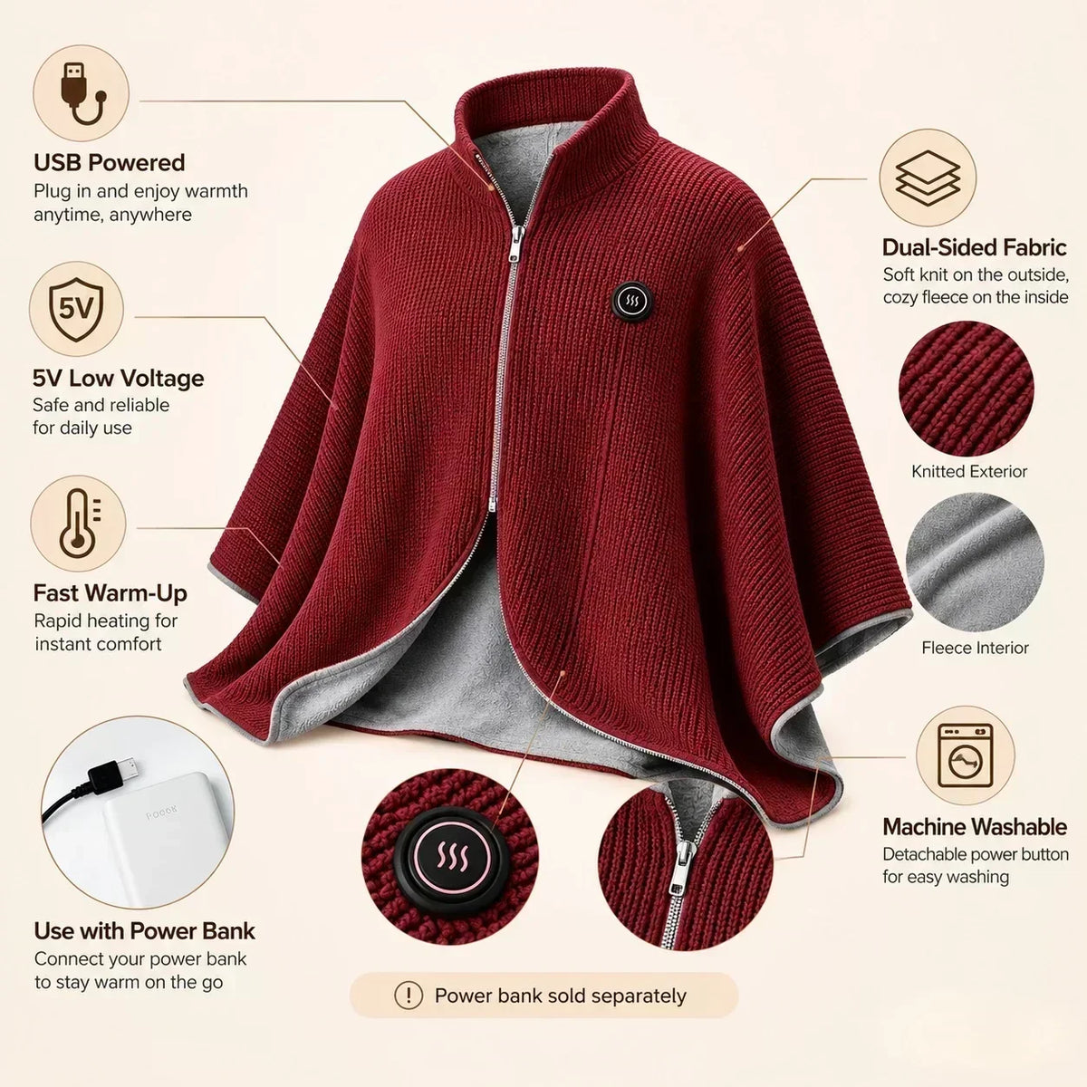 🛋️❤️Hands‑Free Zipper‑Wearable USB Heated‑Shawl | Fast‑Heat For Office Desk‑Work & Indoor‑Relax🧣