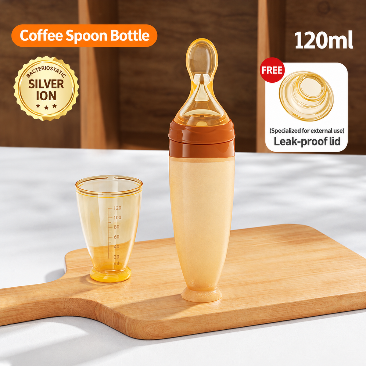 BPA-free silicone baby food container (120ml) — designed for on-the-go feeding and leak-proof; includes a spoon, a sealing lid, and a stable, suction-cup base. This durable, dishwasher-safe container makes feeding your baby more convenient.